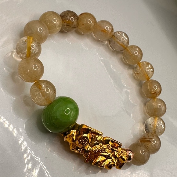 GOLD RUTILANT + GOLD PIXIU  NATURAL BRACELET size 7” - Picture 5 of 12